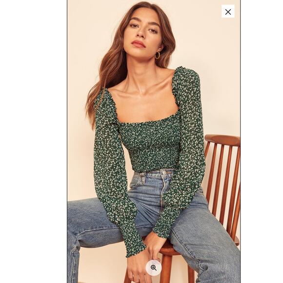 Reformation Tops - NWT Reformation Pinto Smocked Parsley Green Ditsy Floral Long Sleeve Top Size 1X